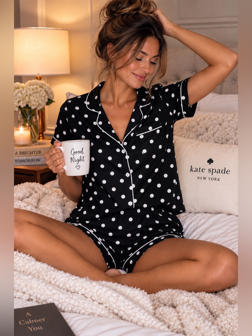 Kate Spade New York Black White Polka Dot Pajama Set Button Up Top Shorts M